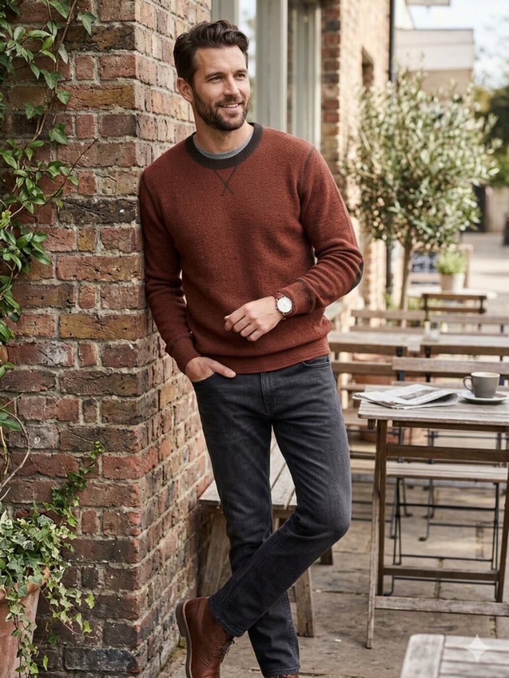True Measure Sweater wool size XL red pullover elbow patches contrast stitching
